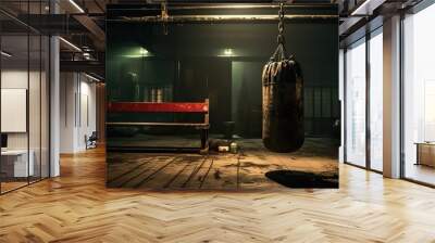 AI Generated. AI Generative. Dark vintage retro old gym boxing bag fitness sport martial arts room interior background. Sport life motivation inspiration.  Wall mural