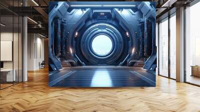 AI Generated. AI Generative. Futuristic space ship galaxy alien door gate entrance sci fi concept neon indoor architecture. Can be used like game or movie inspirational concept. Wall mural