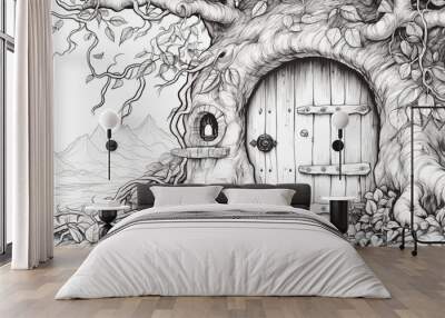 AI Generated. AI Generative. Kids coloring book page with fantasy house home building in tree. Can be used for fun game play education adults or kids Wall mural