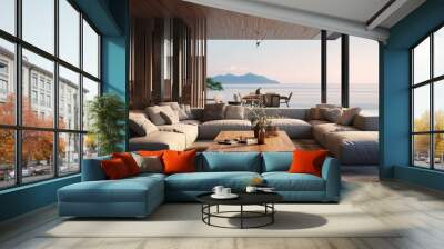 AI Generated. AI Generative. Luxury hotel villa house patio mansion style living relaxing room with big window and view on sea ocean landscape background.  Real estate agency template Wall mural