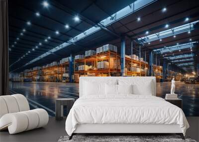 AI Generated. AI Generative. Modern large warehouse storehouse shipping transport logistic shipping cargo center. Many lights on background. Can be used like mock up for business Wall mural