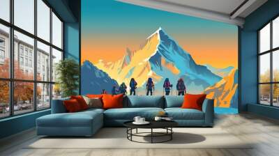 AI Generated. AI Generative. Mountain outdoor nature wild adventure travel journey summer hot season hiking trekking groupd of people. Graphic Art Wall mural