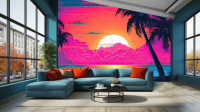 AI Generated. AI Generative. Old vintage cyberpunk vapor wave synthwave miami vice florida tropical landscape. Graphic Art Wall mural