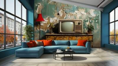 AI Generated. AI Generative. Vintage retro old antique tv television box close to the wall background. Home movie cinema video recorder. Graphic Art Wall mural