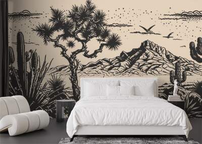 Mountain desert texas background landscape. Wild west western adventure explore inspirational vibe. Graphic Art. Engraving Vector Wall mural