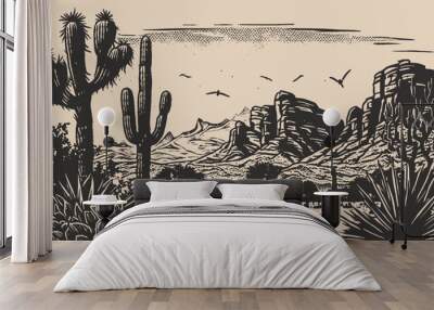 Mountain desert texas background landscape. Wild west western adventure explore inspirational vibe. Graphic Art. Engraving Vector Wall mural