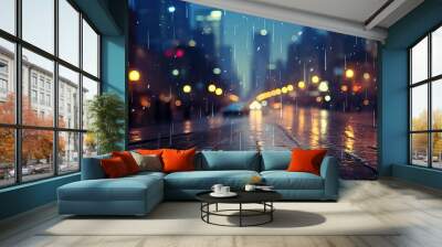 Night city town rain day blurred bokeh background cityscape decoration view scene Wall mural