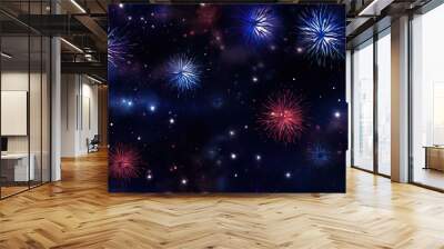 Night sky fireworks celebration background. Holiday new year xmas anniversary festival glitter scene view Wall mural