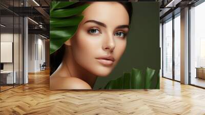 Pretty attractive female girl face portrait on green leave background. Skin care wellness health Wall mural