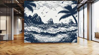 VIntage retro engraving style sea nautical marine navy vacation landscape. Adventure vacation cruise vibe. Background outdoor adventure vibe. Graphic Art Vector Wall mural