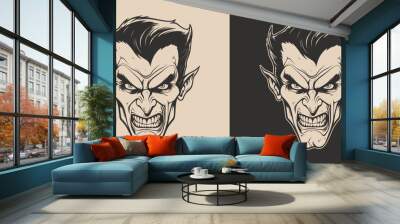 Vintage retro Halloween vampire dracula character face portrait. spooky scary horror element. Monochrome Graphic Art. Vector. Hand drawn element in engraving. Wall mural