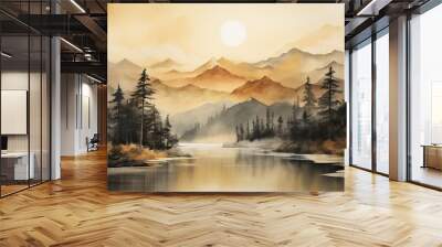 Watercolor drawing painting ink sketch nature outdoor forest lake mountain landscape view Wall mural