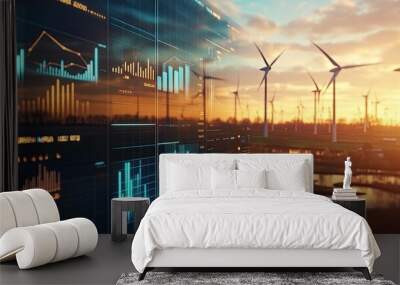 Digital Analytics Display Overlapping Wind Turbines at Sunset Wall mural