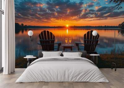 Sunset over a lake with two chairs and drinks on a table. Scenic view concept
 Wall mural