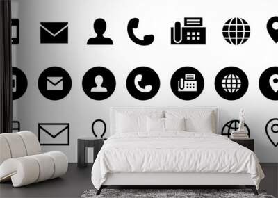 Business card icons. Contacts icons. Phone, user, envelope, address, fax machine. Website icons. Black vector icons isolated on white background. Vector clipart.	 Wall mural