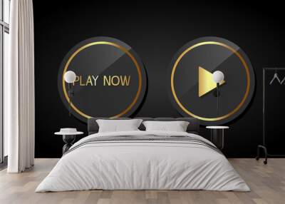 Circle black button Play now. Button with golden frame. Vector clipart isolated on white background. Wall mural