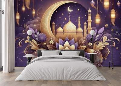 Beautiful background of the Eid Mubarak event and the Ramadan Kareem gold moon Wall mural