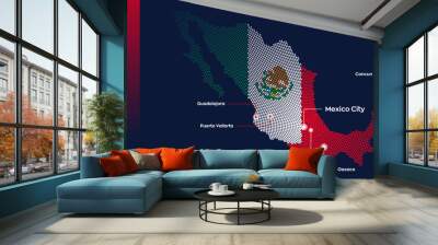 Mexico map with flag info graphic. Abstract vector map of Mexico with capital and major cities. Dots composition map on dark background.  Wall mural