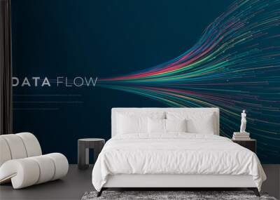 Wave vector element with abstract colorful lines on black background. Data flow vector illustration can be use for banner, poster, website. Curve flow motion illustration. Wall mural