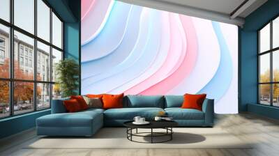 3D render of an abstract background with wavy paper elements in pastel colors, featuring soft lighting and a blue and pink gradient, captured from a low angle Wall mural