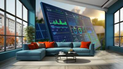 Close-up of a solar energy monitoring system display showing real-time data on production, consumption, and efficiency of solar energy Wall mural