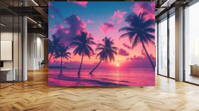 Evening beach with palm trees silhouetted against a colorful sunset sky, reflecting a relaxing and picturesque summer evening. Captured with a Nikon Z6 II for vivid details.

 Wall mural