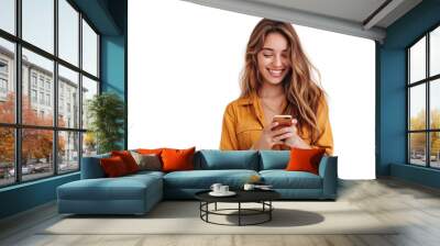 Portrait of a happy woman using mobile phone isolated over PNG transparent background Wall mural