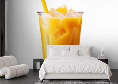 a fresh glass of mango juice with ice cubes and a straw isolated on a transparent background for a cafe or restaurant menu, a cold fruit beverage drink PNG Wall mural