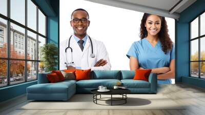 doctor and nurse showing pride in his profession or job, arms crossed, isolated on a transparent background, a professional African American doctor with a Stethoscope and Midwife uniform image PNG Wall mural