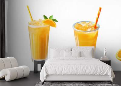 fresh orange juice glass set with an orange slice and a straw isolated on a transparent background for a cafe or restaurant menu, a cold fruit beverage drink with ice cubes PNG	 Wall mural