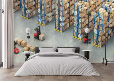 Warehouse Scene with High Shelves and Reach Fork Track. Logistics Concept. 3D illustration	 Wall mural