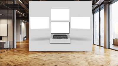 Laptop computer mockup with blank wireframing pages. Concept for showcasing web-design projects on light grey background Wall mural