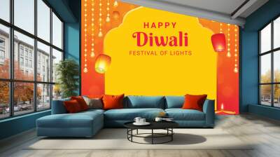 happy diwali festival sale podium design with decorative frame and pink light effect background Wall mural