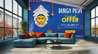 happy durga puja festival sale banner template design navaratri offer banner with blue background Wall mural