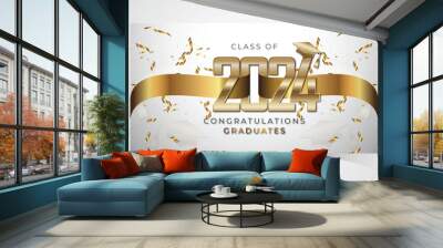 Class of 2024 Congratulations Graduates. Academic Cap and Diploma Graduation Ceremony. Vector Template for Senior Class of University, Year 2024 Banner, Party, High School or College Graduate Wall mural