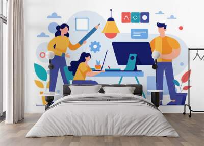 Design studio concept with people scene woman and man drawing elements and graphics designers team flat illustration Wall mural