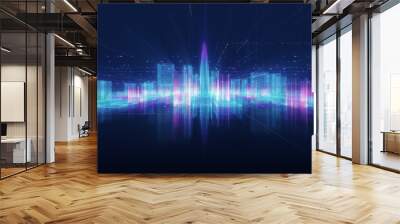 Abstract hologram 3D city rendering with futuristic matrix. Digital skyline with a binary code particles network. Technology and connection concept. Architecture background with particle skyscrapers. Wall mural