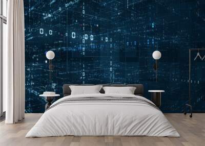 Digital binary code matrix background - 3D rendering of a scientific technology data binary code network conveying connectivity, complexity and data flood of modern digital age Wall mural