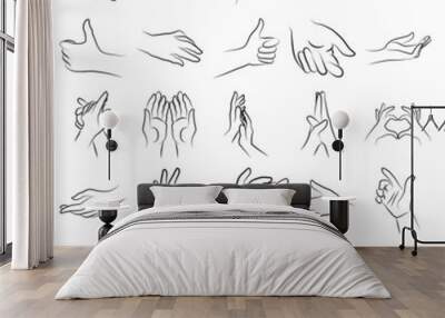 Set of miscellaneous women hands gestures simple outline minimalistic linear style. Vector Illustration of female hands for create logos, prints and other designs on white background Wall mural