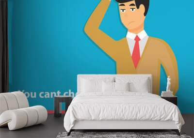 Confused man scratching his head needs professional help or support isolated on blue background. - Vector Wall mural