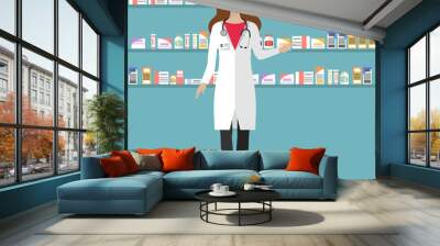 Modern flat vector illustration of a female pharmacist at the counter in a pharmacy opposite the shelves with medicines. Health care conceptual background Wall mural