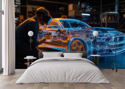 A man wearing VR goggles kneels next to an illuminated holographic car model in a workshop, showcasing advanced automotive design technology Wall mural