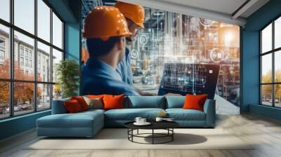 Two engineers wearing hard hats using a laptop in a modern factory environment with a digital interface overlay representing data analysis and technology in industrial operations Wall mural