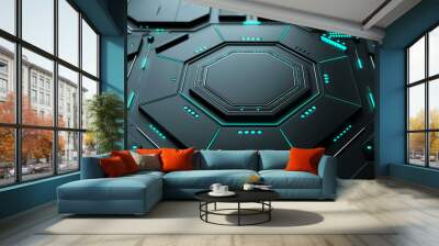 A tech-inspired hexagon background in shades of teal and black. Generative AI Wall mural