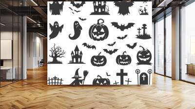 Halloween Icon Set: Ghosts, Haunted Houses, Pumpkins, Graves, Witches Wall mural