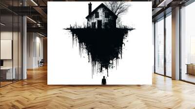 Surreal Floating House with Trees Illustration Wall mural