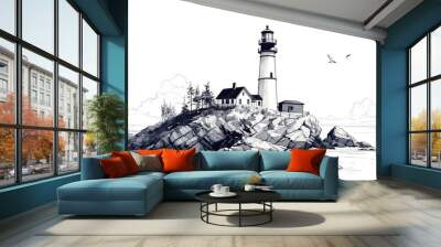 lighthouse sketch, black and white illustration in lithograph style. Wall mural