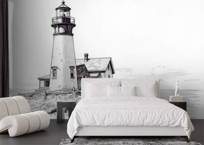 lighthouse sketch, black and white illustration in pencil hand drawn style. Wall mural