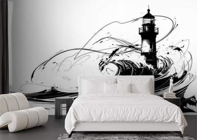 Lighthouse. Ink sketch of lighthouse in storm. Black and white illustration lighthouse and waves. Wall mural