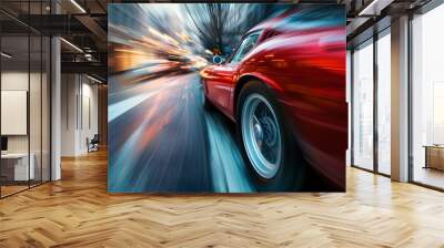 Racing car blur art photography,  a slow motion camera art photography of a speedy car on blurred city background. A modern car in high speed, a contemporary fast car ai generated illustration Wall mural